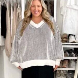 Aerie Black and Cream striped v-neck